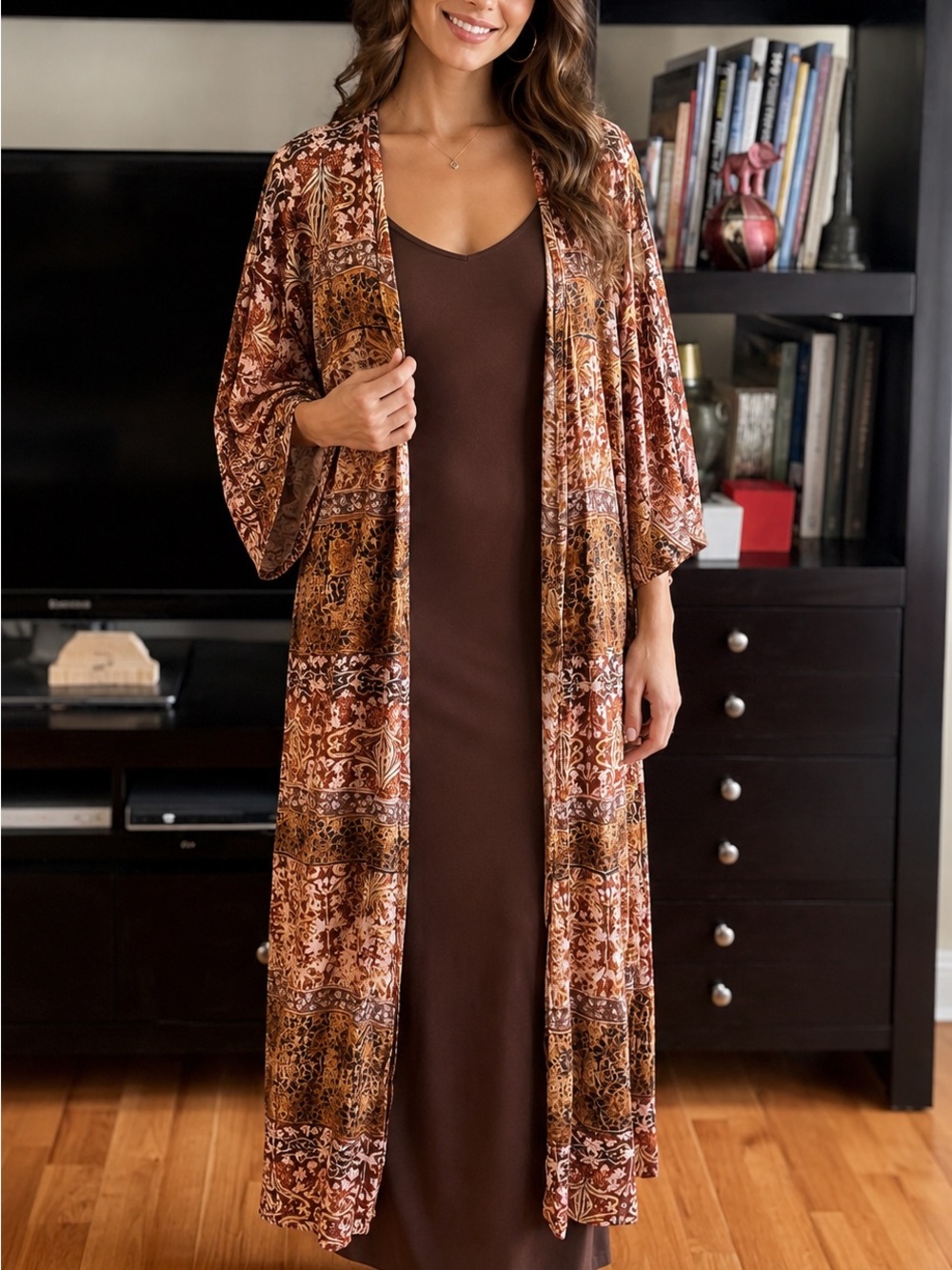 Kimono Long Imperial Print Brown- Rhea Fashion Size L-XL - Picture 3 of 8